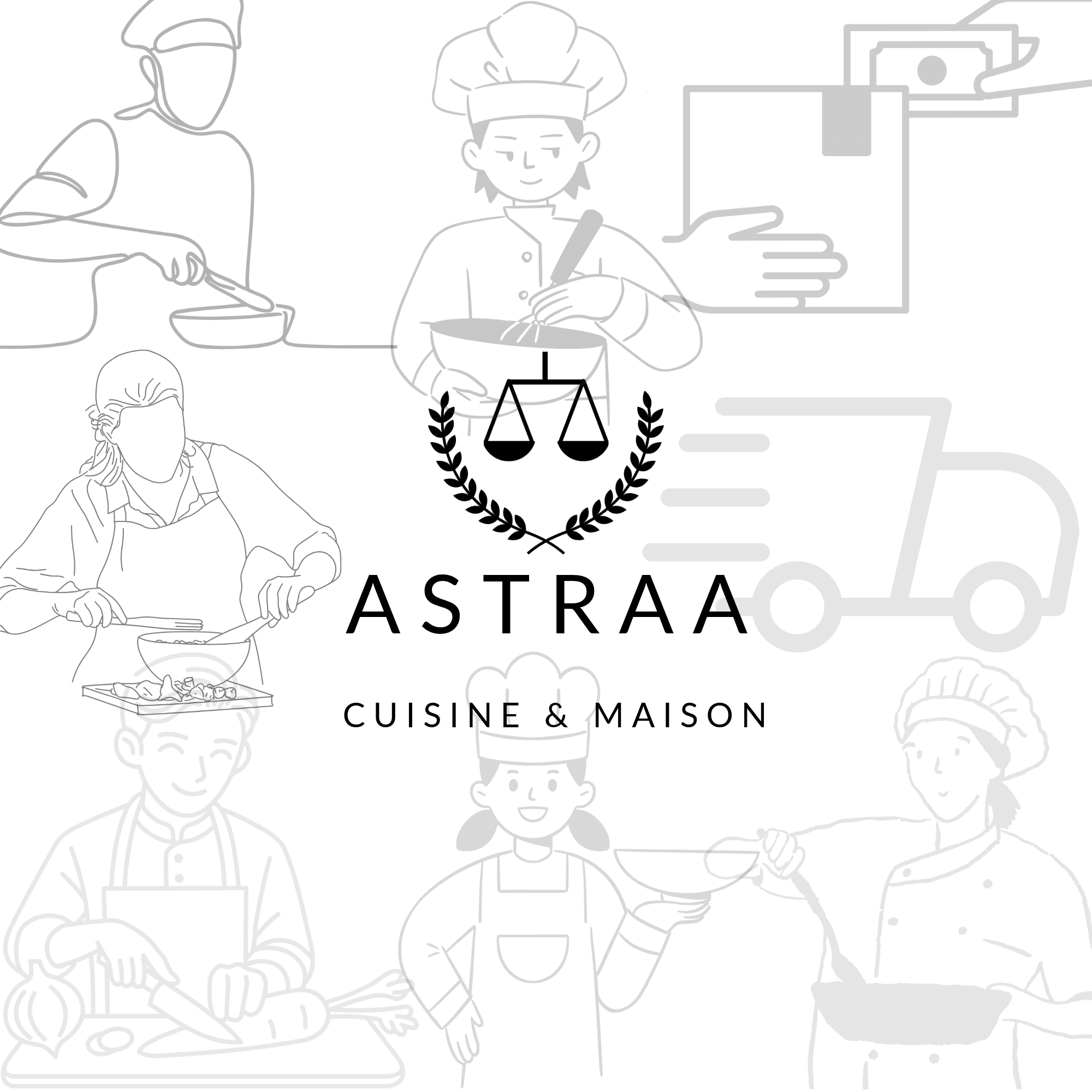 ASTRAA — CUISINE & MAISON: الميزان وإكليل الأوراق مع رسومات الطهاة والمطبخ والتوصيل